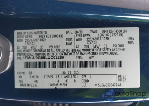 2020 Ford Escape Se z USA, uszkodzony, nr VIN 1FMCU9G69LUC02280